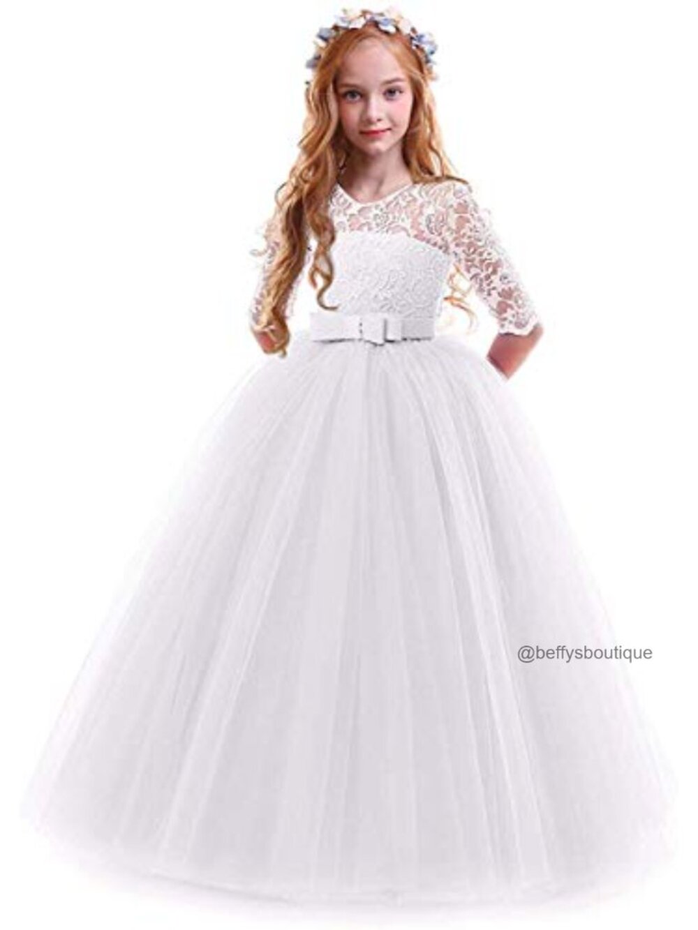 Girls Vintage Lace 3/4 Sleeve Velvet Princess Pageant Dress